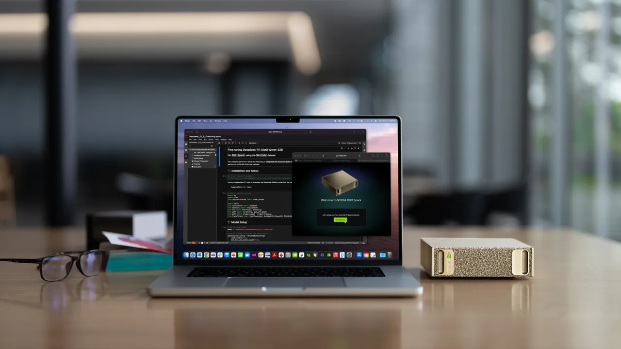 El pequeño superordenador dorado NVIDIA DGX Spark sobre un escritorio, junto a un portatil